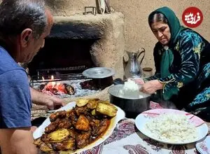 ببینید| غذای روستایی در ایران؛ پخت خوراک مرغ و بادمجان برای شام در روستا