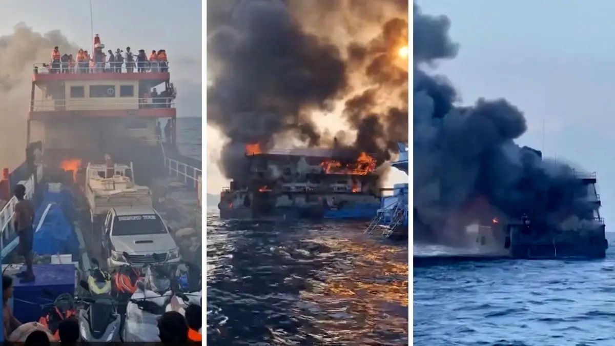 (ویدئو) تلاش سرنشینان برای فرار از کشتی در حال سوختن