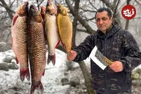 ببینید| غذای روستایی در آذربایجان؛ کباب ماهی کپور در طبیعت برفی روستا