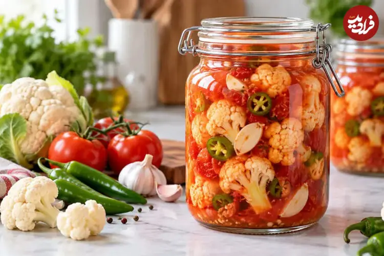 طرز تهیه ترشی گل‌کلم با آب گوجه فرنگی؛ خوش‌رنگ و ترد