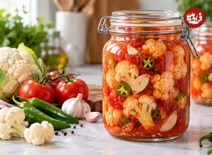 طرز تهیه ترشی گل‌کلم با آب گوجه فرنگی؛ خوش‌رنگ و ترد