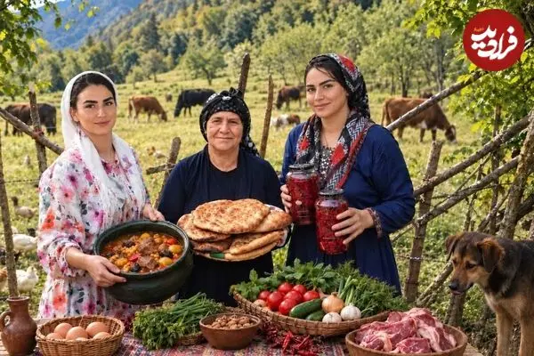 ببینید| غذای روستایی در ایران؛ پخت آبگوشت، نان سنتی و تهیه ترشی کلم