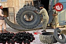 ببینید؛ مراحل بازیافت لاستیک کهنه و تولید بوش پلاستیکی خودرو در پاکستان