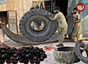 ببینید؛ مراحل بازیافت لاستیک کهنه و تولید بوش پلاستیکی خودرو در پاکستان