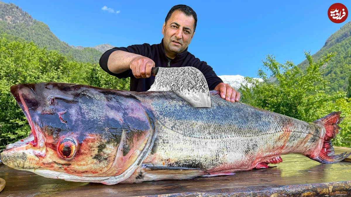 (ویدئو) کباب کردن ماهی غول پیکر 18 کیلوگرمی توسط آشپز مشهور روستایی آذربایجانی