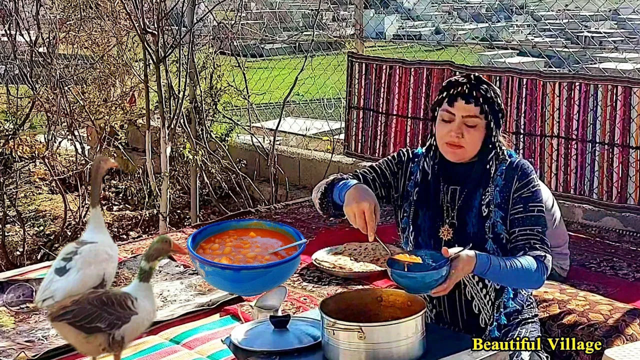 (ویدئو) فرآیند پخت آبگوشت و نان توسط بانوی روستایی زاگرس نشین 