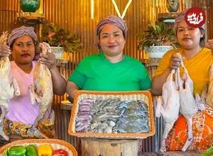 ببینید| غذای روستایی در سنگاپور؛ کباب اردک شکم پر با خرچنگ، صدف و سبزیجات