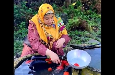 (ویدیو) آشپزی خورشت گوجه بادمجان توسط بانوی روستایی 