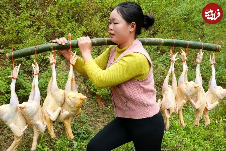 ببینید| غذای روستایی در ویتنام؛ کباب کردن مرغ کامل در بامبو روی آتش در جنگل