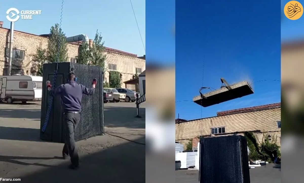 (ویدئو) آزمایش پناهگاه خودساخته مرد اوکراینی با وزنه یک تُنی