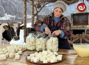 ببینید| غذای روستایی در آذربایجان؛ تهیه پنیر با شیر تازه گاو در هوای برفی 