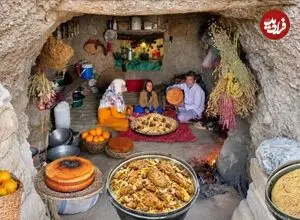 ببینید| غذای روستایی در ایران؛ پخت پلوی مخلوط با مرغ، کیک پرتقالی و نان در غار