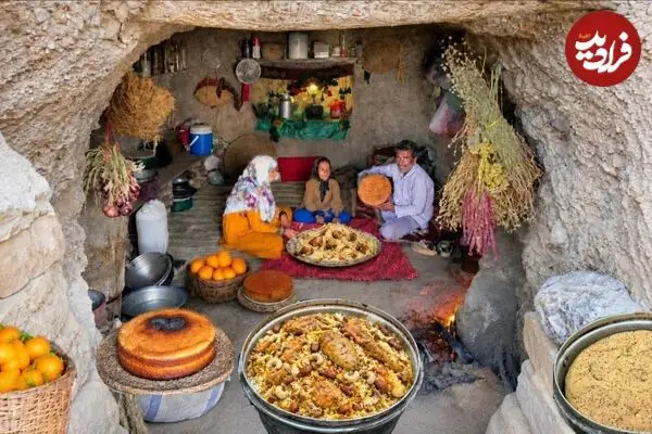 ببینید| غذای روستایی در ایران؛ پخت پلوی مخلوط با مرغ، کیک پرتقالی و نان در غار