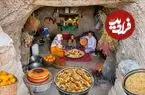 ببینید| غذای روستایی در ایران؛ پخت پلوی مخلوط با مرغ، کیک پرتقالی و نان در غار