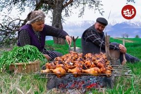 ببینید؛ غذای روستایی در آذربایجان؛ کباب ران مرغ با سبزیجات تازه در طبیعت