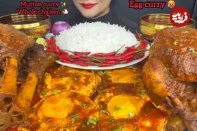 ببینید| غذا خوردن با صدا؛ خوردن 4 کیلو چلو مرغ و گوشت به روش دختر مشهور هندی