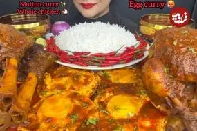 ببینید| غذا خوردن با صدا؛ خوردن 4 کیلو چلو مرغ و گوشت به روش دختر مشهور هندی