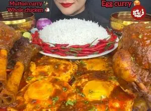 ببینید| غذا خوردن با صدا؛ خوردن 4 کیلو چلو مرغ و گوشت به روش دختر مشهور هندی