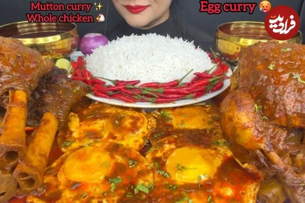 ببینید| غذا خوردن با صدا؛ خوردن 4 کیلو چلو مرغ و گوشت به روش دختر مشهور هندی