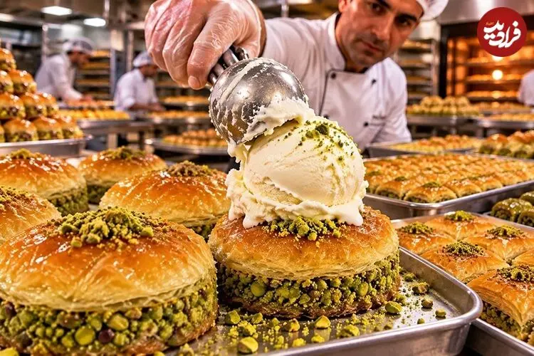 ببینید| غذای خیابانی در ترکیه؛ مراحل دیدنی تهیه باقلوای پسته ای و گردویی در استانبول