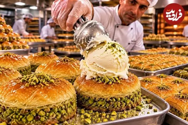 ببینید| غذای خیابانی در ترکیه؛ مراحل دیدنی تهیه باقلوای پسته ای و گردویی در استانبول
