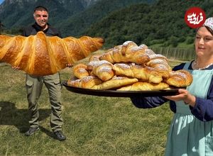 ببینید؛ غذای روستایی در آذربایجان؛ پخت کروسان پسته ای در طبیعت
