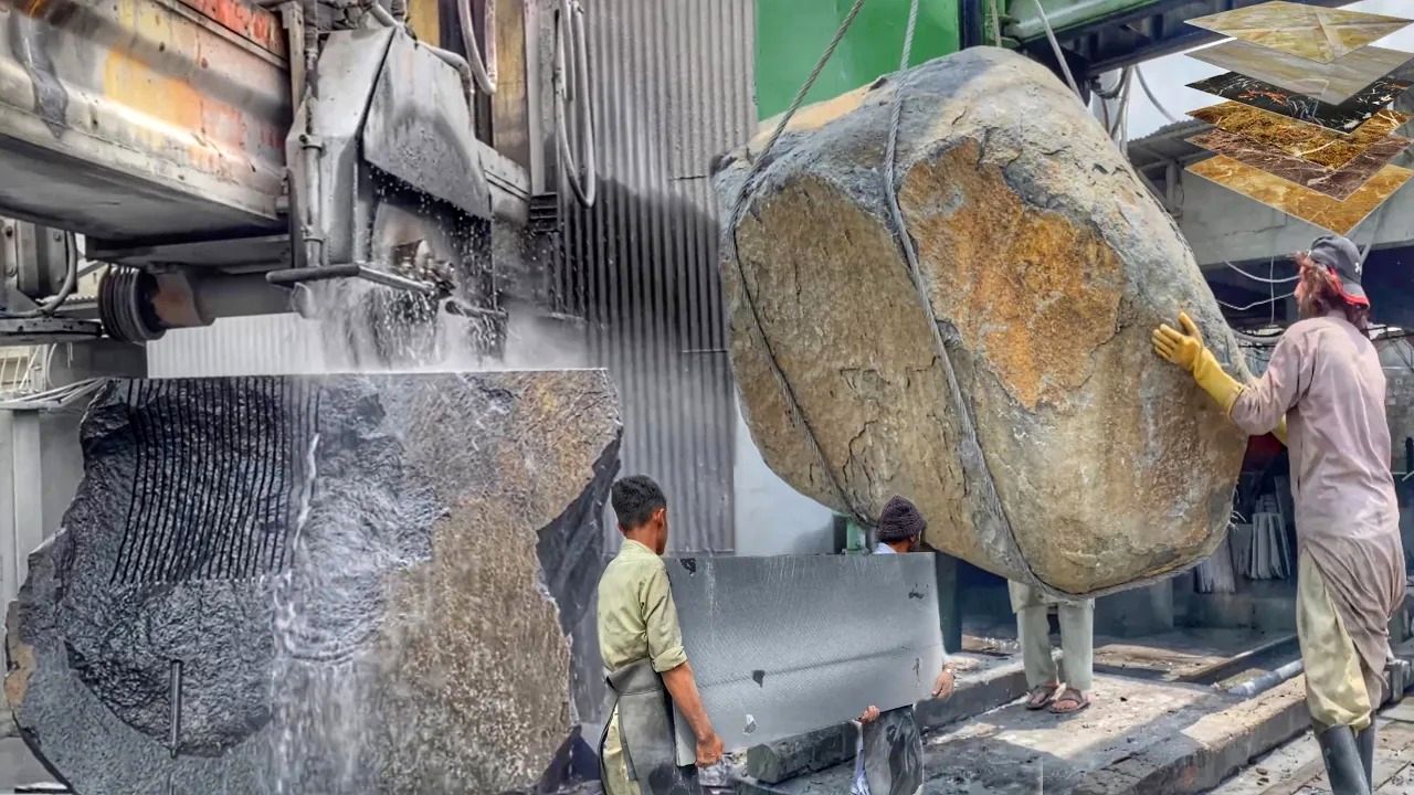 (ویدئو) ببینید پاکستانی ها چگونه سنگ های غول پیکر را برای سنگ مرمر برش می زنند