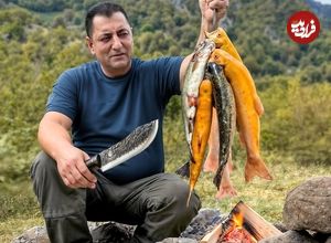 ببینید؛ غذای روستایی در آذربایجان؛ پخت ماهی قزل آلا در کوهستان