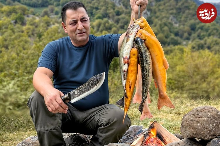 ببینید؛ غذای روستایی در آذربایجان؛ پخت ماهی قزل آلا در کوهستان