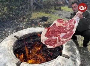 ببینید| غذای روستایی در آذربایجان؛ کباب ران گاو 20 کیلوگرمی در تنور زیر زمینی