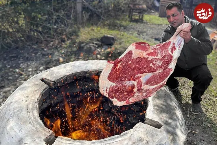 ببینید| غذای روستایی در آذربایجان؛ کباب ران گاو 20 کیلوگرمی در تنور زیر زمینی