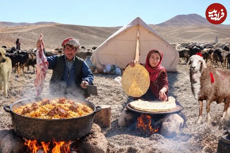 ببینید| غذای روستایی در افغانستان؛ پخت بریانی با گوشت بز و در کوهستان