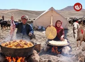 ببینید| غذای روستایی در افغانستان؛ پخت بریانی با گوشت بز و در کوهستان