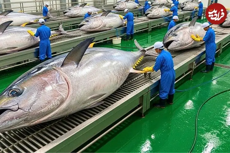 ببینید| مراحل دیدنی صید هزاراان ماهی تن از اقیانوس و فرآوری آن ها در آمریکا