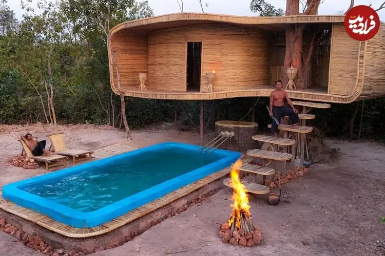 ببینید| مراحل ساخت یک خانه درختی مدرن با استخر در جنگل های کامبوج