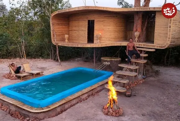 ببینید| مراحل ساخت یک خانه درختی مدرن با استخر در جنگل های کامبوج