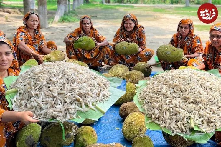 ببینید| غذای روستایی در هند؛ پخت یک غذای محلی با جک فروت و میگو 