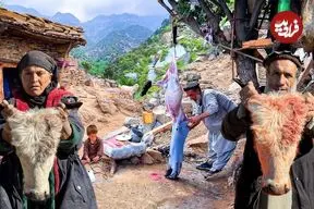 ببینید| غذای روستایی در افغانستان؛ پخت کله پاچه گاو در روستایی کوهستانی