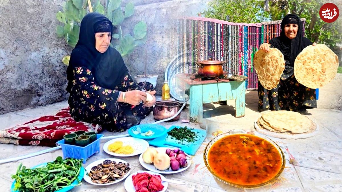 ببینید؛ غذای روستایی در ایران؛ پخت نان ساجی و یک غذای ساده با پای مرغ