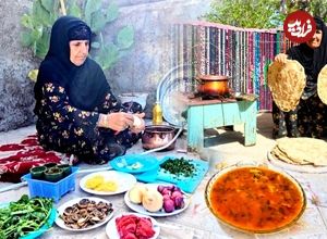 ببینید؛ غذای روستایی در ایران؛ پخت نان ساجی و یک غذای ساده با پای مرغ 