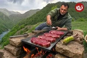 ببینید| غذای روستایی در آذربایجان؛ پخت استیک گوشت گاو در کوهستان