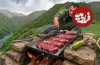 ببینید| غذای روستایی در آذربایجان؛ پخت استیک گوشت گاو در کوهستان