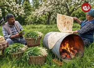 ببینید| غذای روستایی در آذربایجان؛ پخت نان سنتی با پیازچه های کوهی
