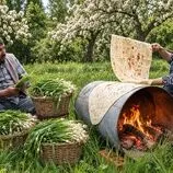ببینید| غذای روستایی در آذربایجان؛ پخت نان سنتی با پیازچه های کوهی