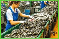 ببینید؛ پرورش مار در مقیاس صنعتی: مراحل تولید گوشت و چرم در مزارع چین