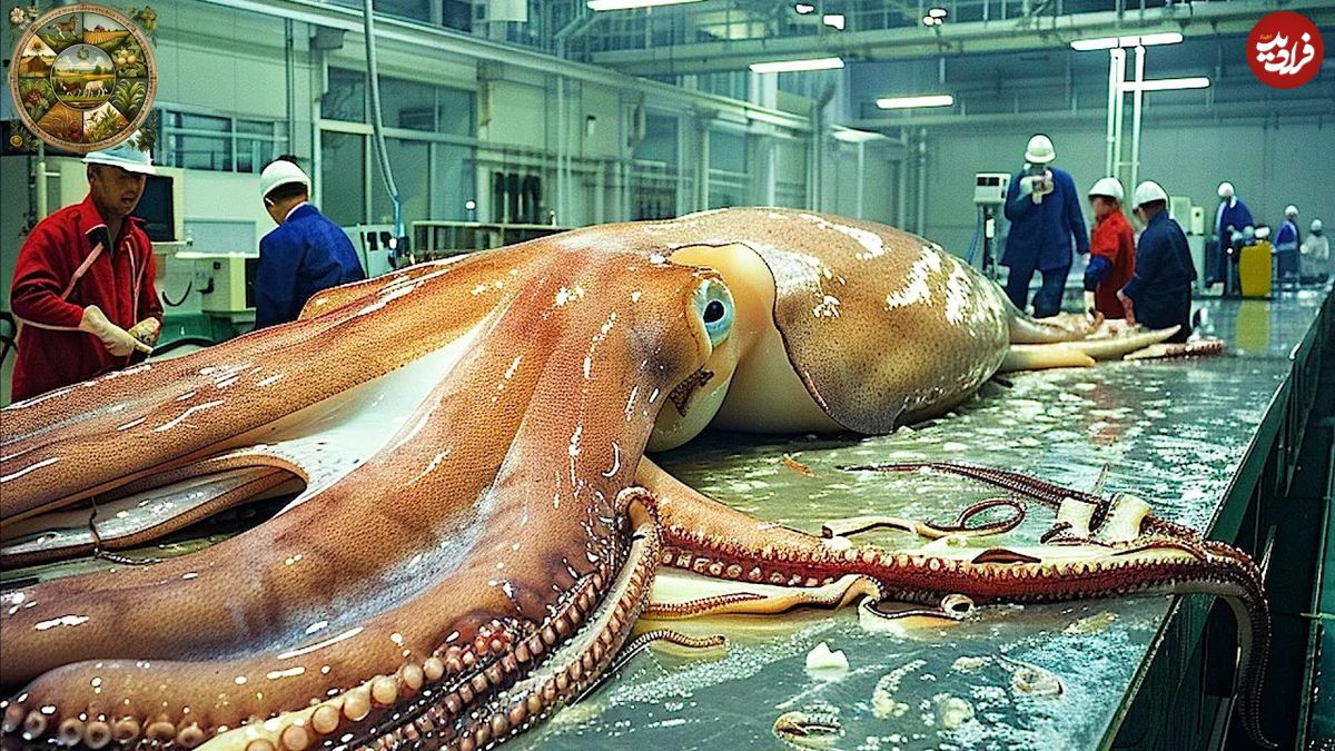 (ویدئو) نمایی از صید و فرآوری هزاران تن ماهی مرکب در یک کشتی غول پیکر