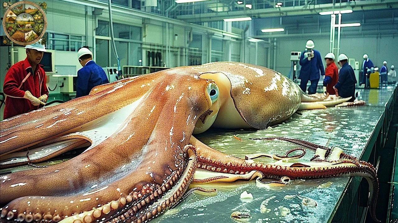 (ویدئو) نمایی از صید و فرآوری هزاران تن ماهی مرکب در یک کشتی غول پیکر