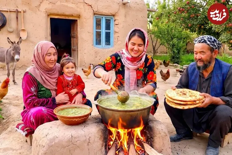 ببینید| غذای روستایی در افغانستان؛ پخت آش سنتی و نان در باغی سرسبز