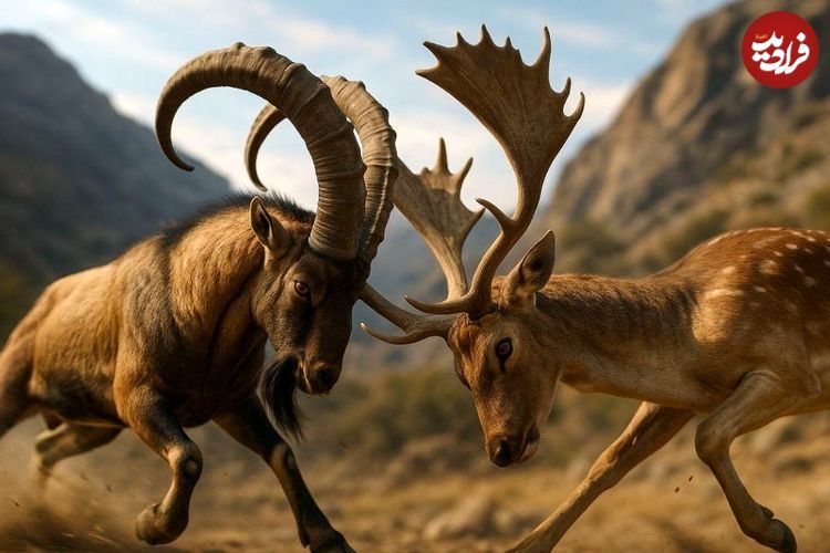 تصاویر؛ بز کوهی ایرانی قوی‌تر است یا گوزن و در جنگ تن به تن این دو کدامیک برنده است؟