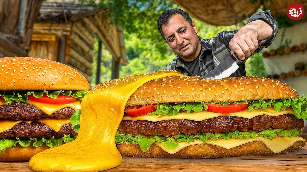ببینید؛ غذای روستایی در آذربایجان؛ تهیه یک همبرگر غول پیکر در طبیعت